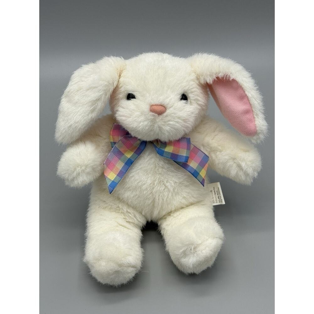 Hallmark White Bunny with Pastel Checked Ribbon Plush Pink Inner Ears 8"